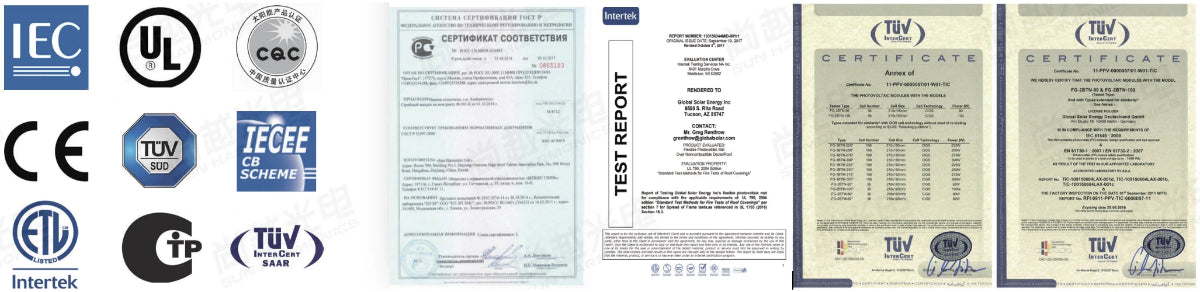 CIGS solar panel international certifications including IEC, UL, CQC, CE, TÜV SÜD, IECEE CB Scheme, ETL, Intertek, TÜV InterCert SAAR, with compliance test report and TÜV certificates
