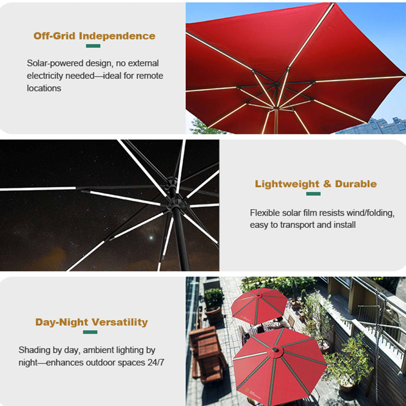 Patio umbrella with solar charging and LED lighting for events
