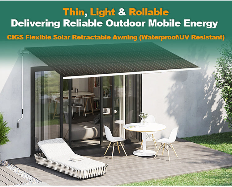 Retractable CIGS solar awning 440W for small trailers and overlanding